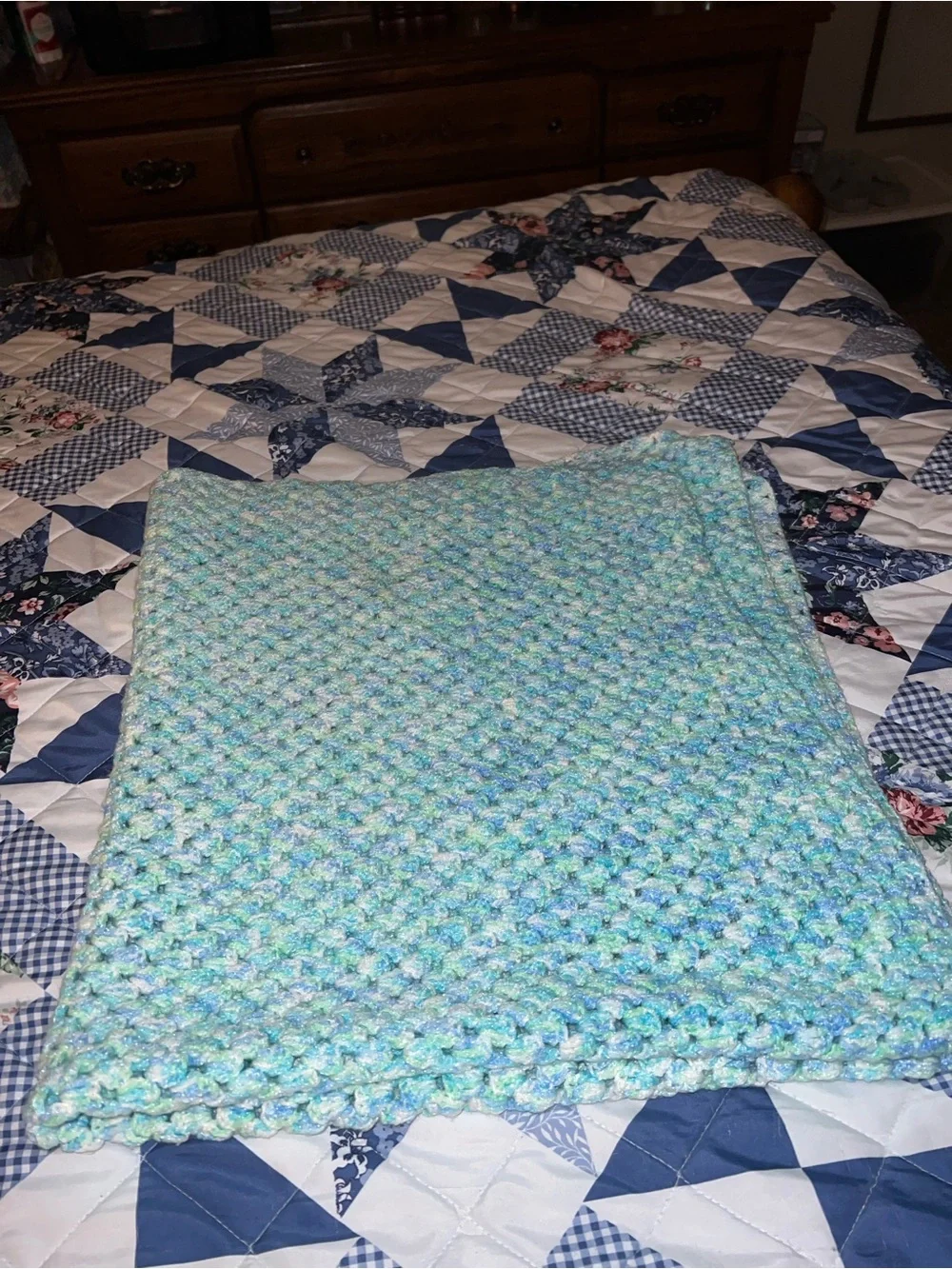 Handmade Blue & Green Crochet Throw Blanket